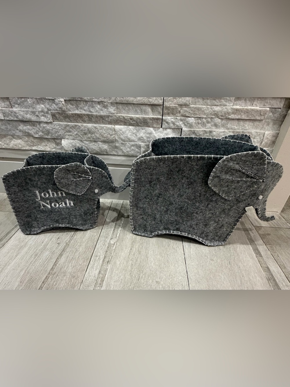 Pottery Barn Kids Personalized Gray Elephant Felt Storage Bins - Set of 2